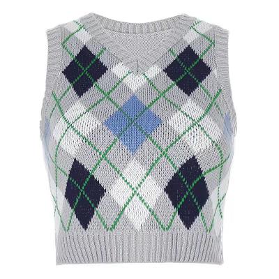 China 2022 Spring V-Neck Argyle Plaid Cropped Sweater Vest Cotton Anti-Wrinkle Fashion Streetwear Women Casual Sleeveless Tank Knitted Pullover for sale