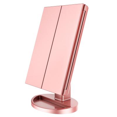 China Lighted Portable Trifold Makeup Mirror with 1x 2x 3x Magnification, Vanity LED Makeup Mirror with Lights Touch Screen Switch for Women for sale