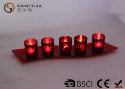 China Set Of 5 Red Glass Candle Holder With Glass Plate And LED Tealight for sale