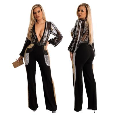 China QUICK DRY Casual Wide Leg Tweed Pocket Sequin Sequin One Piece Deep V Pants for sale