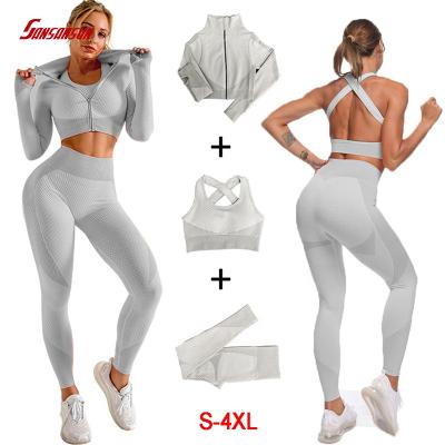 China New Colors 3PCS Breathable Gray Sports Gym Clothes Women Yoga Set And Workout Seamless Fitness Sets for sale