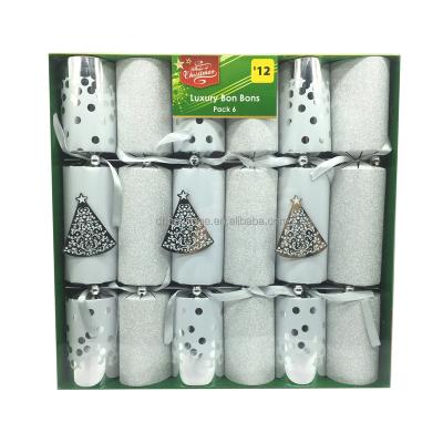 China Paper Wholesale Luxury Custom 14 Inch Silver Glitter Christmas Crackers With 3D Tree for sale