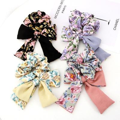 China IFOND Daily Wear Girls Satin Bow Large Intestine Rope Ladies Floral Print Hair Ties Women Ponytail Hair Circle for sale