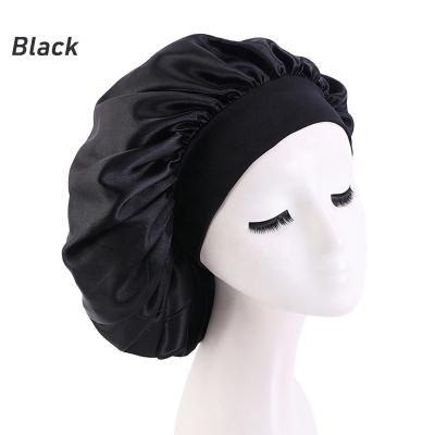 China Anti-Wrinkle Elastic Band Hood Silky Printing Wide Wide Satin Sleep Cap For Women Long Curly Natural Hair for sale