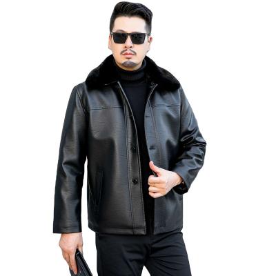 China Wholesale 2022 Winter Windproof Faux Leather Jacket For Dad Jacket Fleece Fly Button Black Leather Jacket Out For Men for sale