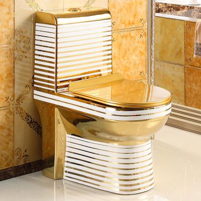 China Double-flow Sanitary Ware Design Luxury One Piece Toilet Bowl Gold Color Bathroom Toilet Gold Plated Floor Standing Ceramic Dresser for sale