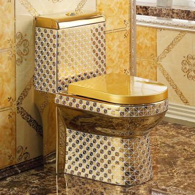 China Luxury Ceramic Sanitary Ware Double-Flow Bathroom Toilet Gold Color One-Piece WC Gold Toilet Bowl for sale