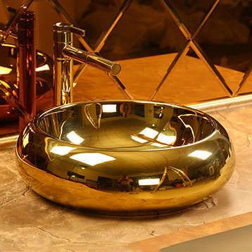 China Modern Luxury Hot Sale Round Basin Wash Basin Hand Countertop Design Ceramic Gold Bathroom Sink for sale