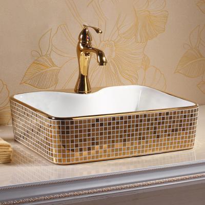 China Modern European Modern Square Ceramic Vanity Sink Countertop Bathroom Basin Luxury Golden Art Basin for sale