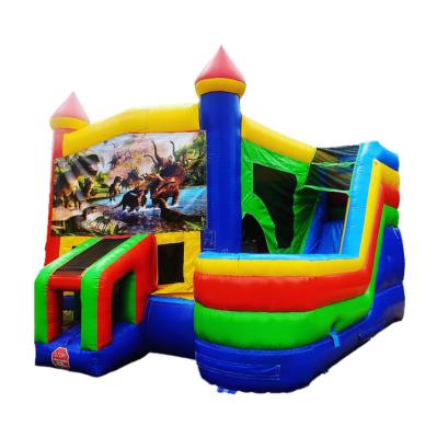 China 0.55mm PVC Tarpaulin Dinosaurs Commercial Inflatable Jurassic Side Slide Bouncer Combo Slide Bounce Chamber With Dry Wet Water Slide for sale