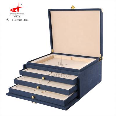 China High End Luxury Blue Lager Dimension Drawer Jewelry Box Blue Leather Packaging Customize Logo for sale