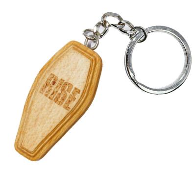 China Custom Wooden Shape Hold Coin Coffin Key Chain Engraved Logo Wooden Chain for sale