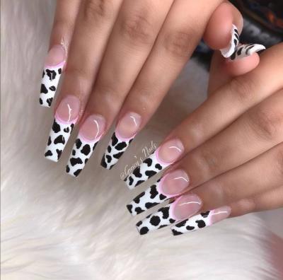 China 3D Fake Nails 2021 Cow Printing French Design Coffin Long Press On Nails Artificial Nails For Women for sale