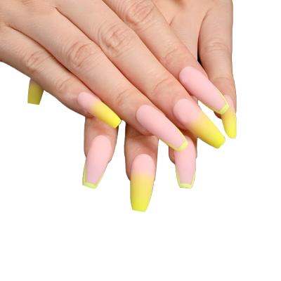 China JP0033 Eco-friendly Material Gradient Matte Yellow And Pink Color Extremely Long Nails Wholesale Designed Press On Nails for sale