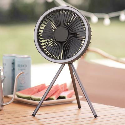 China Newest 2022 Outdoor Camping Fan USB Portable Rechargeable Battery Mini Fan Tripod Table Hand Held Fan with Night Light for Camping for sale