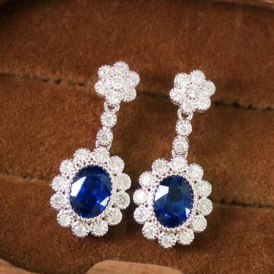 China TRENDY Xinfly 2023 New 18k Gold Sunflower Design 0.51ct Diamond GRC 2ct Bridal Natural Oval Royal Blue Sapphire Stud Dangle Earring for sale