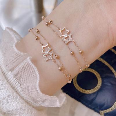 China TRENDY Xinfly Hot Sell 18k Real Gold Double Layer Chain Bead Diamond Luxury Star Charm Bracelet for sale