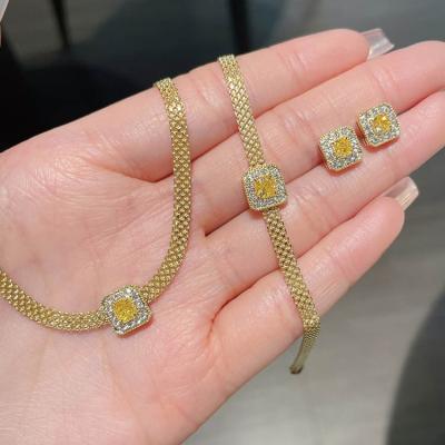 China TRENDY Xinfly 18k Real Gold Jewelry mesh chain square Yellow Diamond Pendant Necklace Earrings Bracelets Set for sale