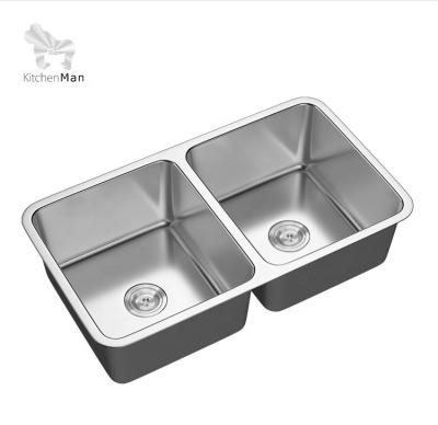 China Without Faucet Well Drawing Process Undermount 304 Stainless Steel Large Uneven Double Bowl Kitchen Sinks for sale