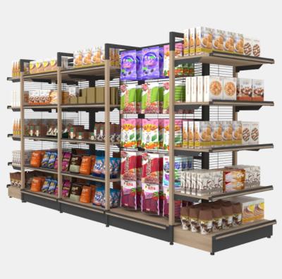 China Supermarket Single Sided Custom Steel Wooden Shop Shopping Display Stands For Market Mini Shelving Unit Store for sale