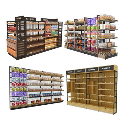 China Factory Wholesale Double Sided Wood And Steel Combination Store Shelf Display Rack Gondola Supermarket Shelves for sale