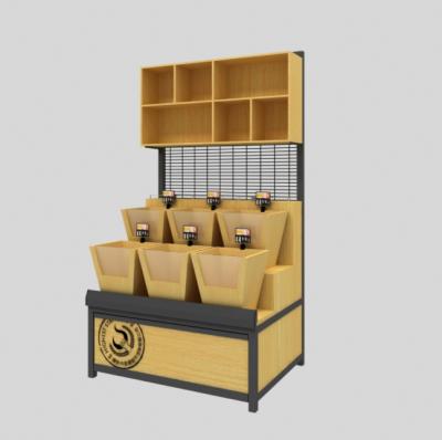 China Single Sided Grain Display Stand Custom Bulk Goods Stand Up Stainless Steel Wooden Display Rack With Basket for sale