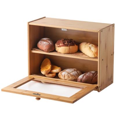 China Double Layer Modern Universal Rectangle Large Capacity Bread Storage Freshness Keeping Kitchen Bamboo Corner Bread Box for sale