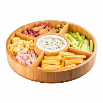 China Morden Multi Function Snack Cheese Fruit Appetizer Organizers Round Divider Bamboo Food Serving Tray for sale