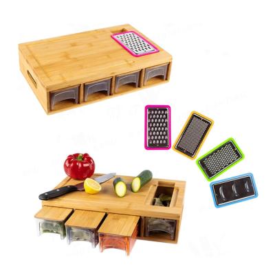 China Wholesale Eco-Friendly Stored Kitchen Bamboo Cutting Board With 4 Container Acrylic Storage Tray for sale