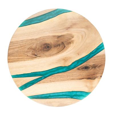 China Stocked Customize Wooden Chopping Board Custom Round Serving Tray River Of Blue Green Epoxy Resin Art Chopping Board for sale