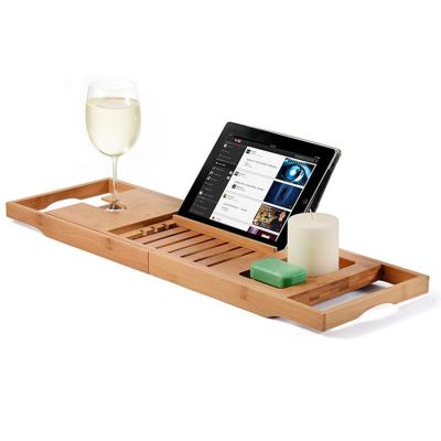 China Bamboo Trolley Tray With Extending Sides Bathtub Tray And Wine Glass Holder Bathroom Reading Stand Viable Mobile Phone for sale