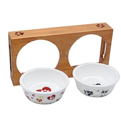 China Sustainable Wholesale High Drinking Water Feeder Raised Wooden Stand Double Ceramic Pet Bowl With Bamboo Stand for sale