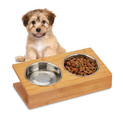 China Anti-Clogging Cat Pet Bowl Raised Bamboo Pet Food Sustainable High Slow Feeder With Stainless Steel Bowl for sale