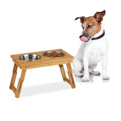 China Durable High Quality Bamboo Feet High Dog Feeder Elevated Stainless Steel Double Rolls Pet Bowls With Stand for sale