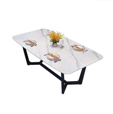 China Knock Down Black Steel Base Marble Stone Top Dining Table for sale