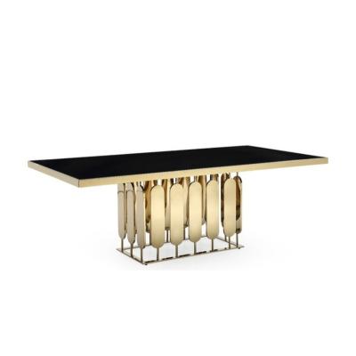 China Rush Modern Design Black Glass Table Dining Table With Gold Base for sale