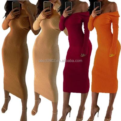 China 2021 new Anti-wrinkle women long sleeve off the shoulder fashion elegant bodycon knit ladies sweaters dresses for sale