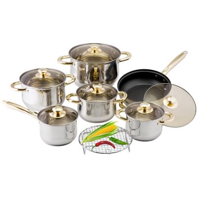 China Viable Hot Selling 12pcs Kitchenware Casserole Stock Pot Non-stick Saucepan Handle Stainless Steel Gold Cookware Set With Glass Lid Set for sale