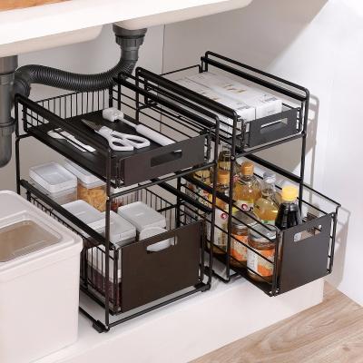 China 2022 Sustainable Hot Sale 2-Tier Metal Expandalble Kitchen Under Sink Cabinet Organizer With Sliding Storage Drawer for sale