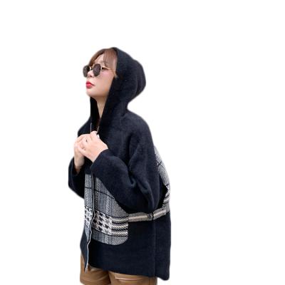 China low price custom made high quality Houndstooth Anti-wrinkle factory long sleeve hooded pocket knitted double sided woolen coat for sale