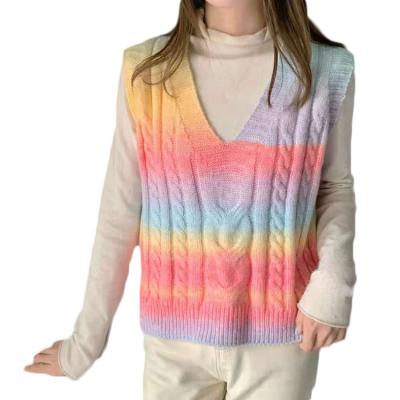 China Anti-Wrinkle Twist Teasing College Style Sweater Vest Casual Loose Plain Sleeveless Knitted Sweater Women Sweater V-Neck Rainbow Color Sweater for sale