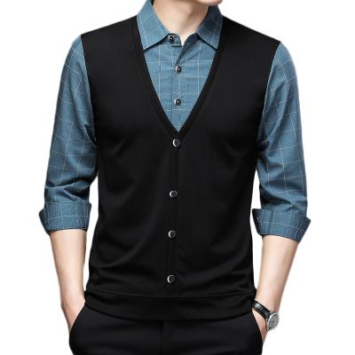 China Anti-pilling Men Plaid Shirt Patchwork Blue Breathable Cardigan Single Breasted For Clothing High Quality for sale