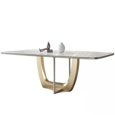 China Modern Nordic style dining room gold stainless steel dining table and chair luxury modern ceramic marble top sets for sale