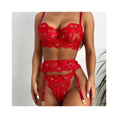 China 3 Pieces Appliques Sexy Underwear Women Spandex/Polyester G-String Ladies Sexy Lingerie Set Sexy Lingerie for sale