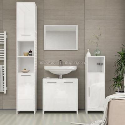 China Durable / Eco-Friendly / Easy Assemble White Bathroom Cabinet Set With High Gloss Front And MIRROR for sale