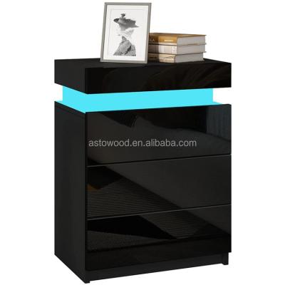 China Black Adjustable Wood Color Meamine Front Bedside Cabinet Unit With LED Lights (Others) and High Gloss Drawers and Top Storage for sale