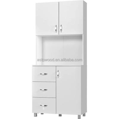 China (Other) Adjustable Free Standing Sideboard Cupboard with 2 Cabinets, 3 Drawers and 1 Open Space, Height Adjustable Storage Unit, White for sale