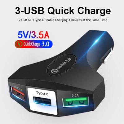 China Newest 35W 3 Port USB Car Charger Quick Charge QC3.0 Mobile Phone Charger 3 USB Car Charger Left Portable USB TYPE-C Car Charger for sale