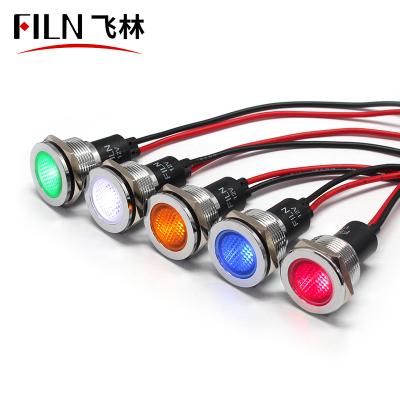 China FILN 19mm Brass Copper Miniature Led Indicator Lights, 12V Green Red Wire Driving Indicator IP67 Vandal Proof Waterproof Flat Head With Symbols for sale