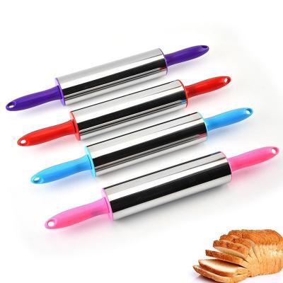 China Household Noodle Color Handle Cookie Cake Stainless Steel Stocked Plastic Rolling Pin for sale